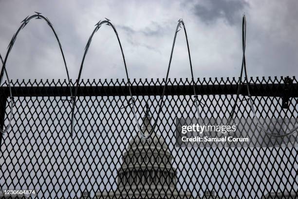 Razor wire is seen after being installed on the fence surrounding the grounds of the U.S. Capitol on January 15, 2021 in Washington, DC. Due to...