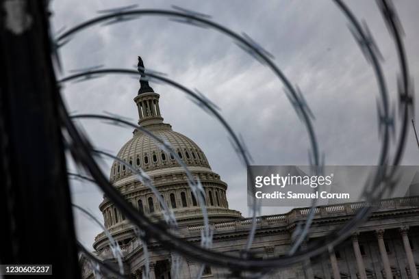 Razor wire is seen after being installed on the fence surrounding the grounds of the U.S. Capitol on January 15, 2021 in Washington, DC. Due to...