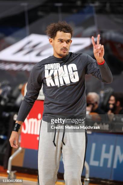 Trae Young of the Atlanta Hawks warms up before the game against the Utah Jazz on January 15, 2021 at vivint.SmartHome Arena in Salt Lake City, Utah....