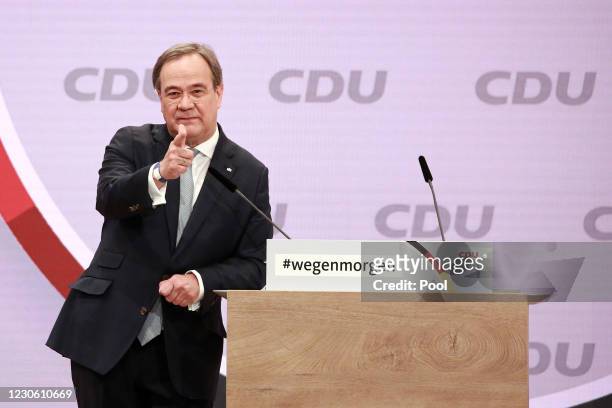Minister President, Armin Laschet speaks as a candidate for chairman of the CDU at a digital party congress to elect a new leader on January 16, 2021...