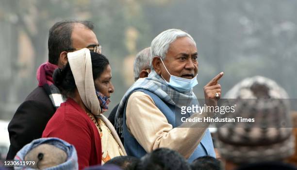 Bihar Chief Minister Nitish Kumar interacts with media after inaugurating the newly constructed elevated road Atal Path connecting R Block to Digha,...