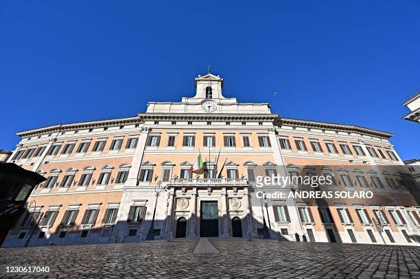 General view shows the Palazzo Montecitorio, the seat of the Italian Chamber of Deputies, in central Rome on January 16, 2021. - Following the...