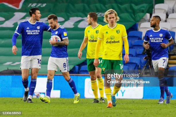 Joe Ralls of Cardiff City carries the ball to the centre after scoring during the Sky Bet Championship match between Cardiff City and Norwich City at...