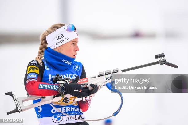 Tiril Eckhoff of Norway at the shooting range during the Women 4x6 km Relay Competition at the BMW IBU World Cup Biathlon Oberhof on January 16, 2021...