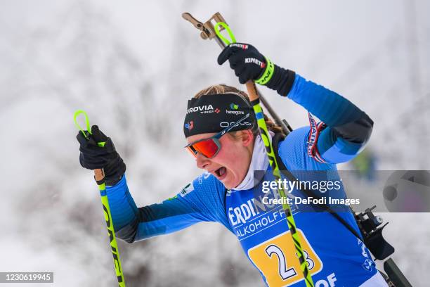 Justine Braisaz-Bouchet of France in action competes during the Women 4x6 km Relay Competition at the BMW IBU World Cup Biathlon Oberhof on January...