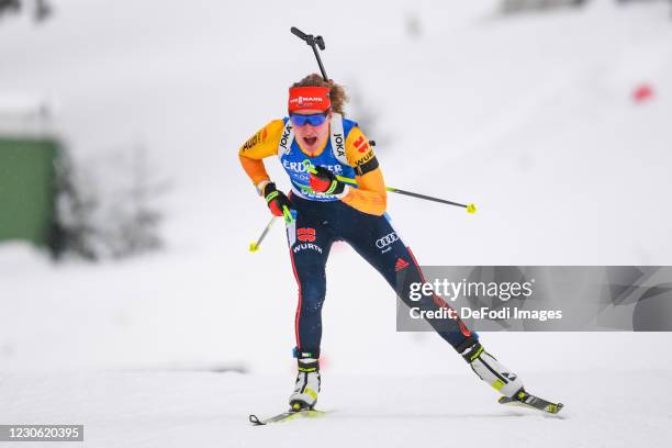 Janina Hettich of Germany in action competes during the Women 4x6 km Relay Competition at the BMW IBU World Cup Biathlon Oberhof on January 16, 2021...