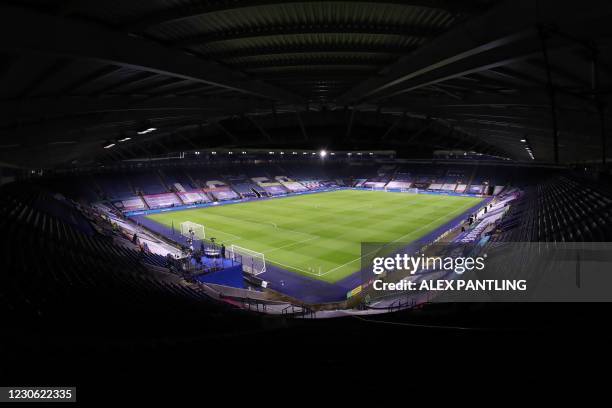 The King Power pitch is seen under the floodlights ahead of the English Premier League football match between Leicester City and Southampton at King...