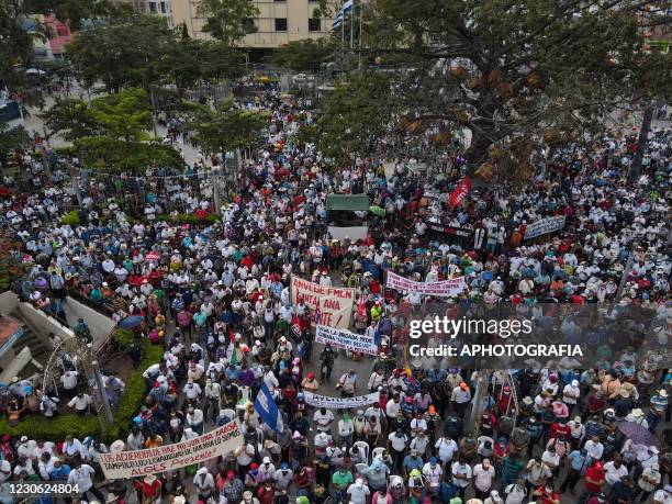 Aerial view of a rally during the 29th anniversary of the peace accords on January 16, 2021 in San Salvador, El Salvador. January 16 marks 29 years...
