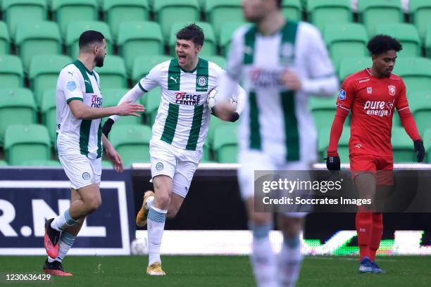 Ahmed El Messaoudi of FC Groningen celebrates celebrates 1-2 with Jorgen Strand Larsen of FC Groningen during the Dutch Eredivisie match between FC...