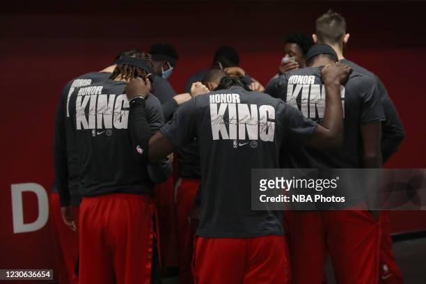 The Toronto Raptors huddle up before the game against the Charlotte Hornets on January 16, 2021 at Amalie Arena in Tampa, Florida. NOTE TO USER: User...