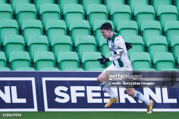 Jorgen Strand Larsen of FC Groningen celebrates 2-2 during the Dutch Eredivisie match between FC Groningen v Fc Twente at the Hitachi Capital...