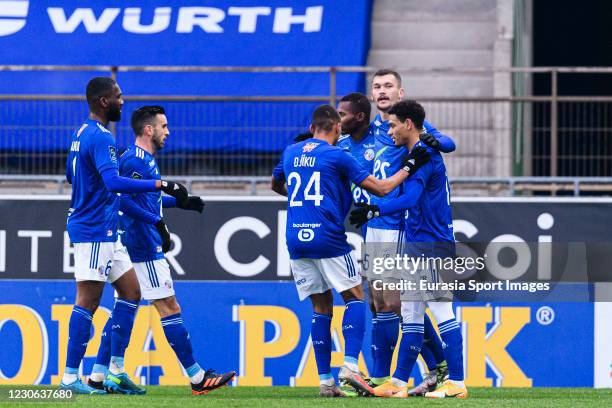 Ludovic Ajorque of Racing Strasbourg celebrating his goal with his teammates during the Ligue 1 match between RC Strasbourg and AS Saint-Etienne at...