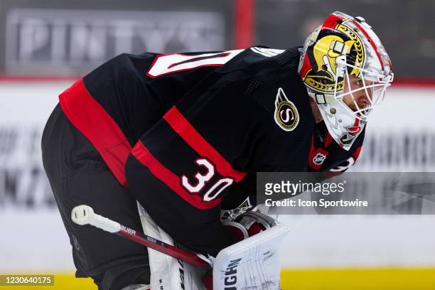 Ottawa Senators Goalie Matt Murray watches the play down ice during second period National Hockey League action between the Toronto Maple Leafs and...