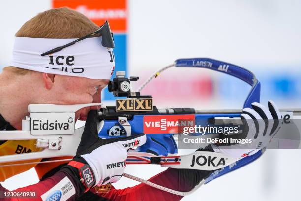 Johannes Thingnes Boe of Norway at the shooting range during the Men 15 km Mass Start Competition at the BMW IBU World Cup Biathlon Oberhof on...