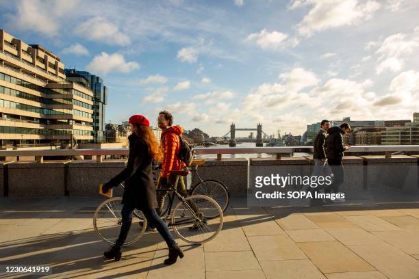 People walking on London Bridge during the Covid-19 lockdown in London.