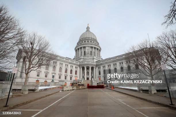 Barricades are seen in front of the State Capitol in Madison, Wisconsin, on January 17 during a nationwide protest called by anti-government and...