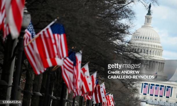 National flags and DC flags line Pennsylvania Avenue near the US Capitol in Washington, DC on January 17, 2021. - The FBI warned authorities in all...