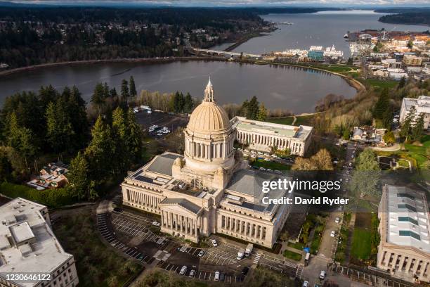 In this aerial view from a drone, the Washington State Capitol is seen on January 17, 2021 in Olympia, Washington. Supporters of President Donald...