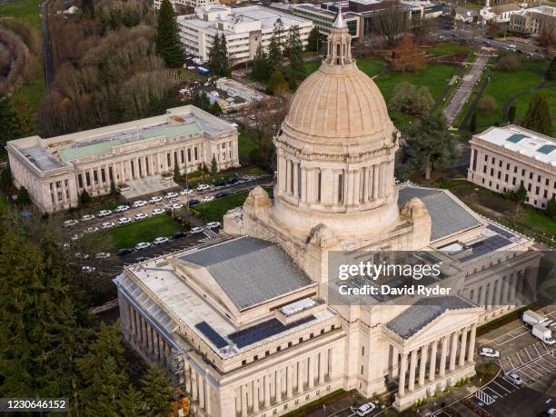 In this aerial view from a drone, the Washington State Capitol is seen on January 17, 2021 in Olympia, Washington. Supporters of President Donald...