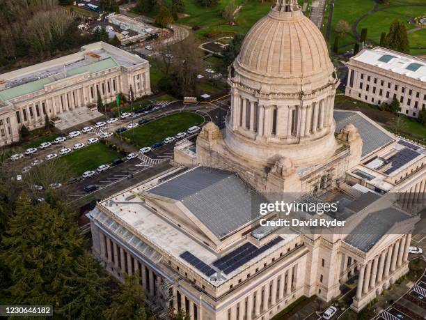 In this aerial view from a drone, the Washington State Capitol is seen on January 17, 2021 in Olympia, Washington. Supporters of President Donald...