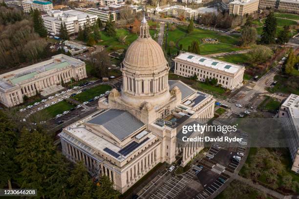 In this aerial view from a drone, the Washington State Capitol is seen on January 17, 2021 in Olympia, Washington. Supporters of President Trump...