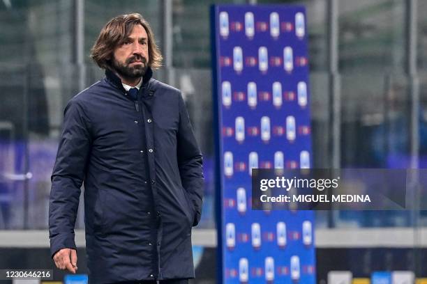 Juventus' Italian coach Andrea Pirlo reacts during the Italian Serie A football match Inter vs Juventus on January 17, 2021 at the San Siro stadium...