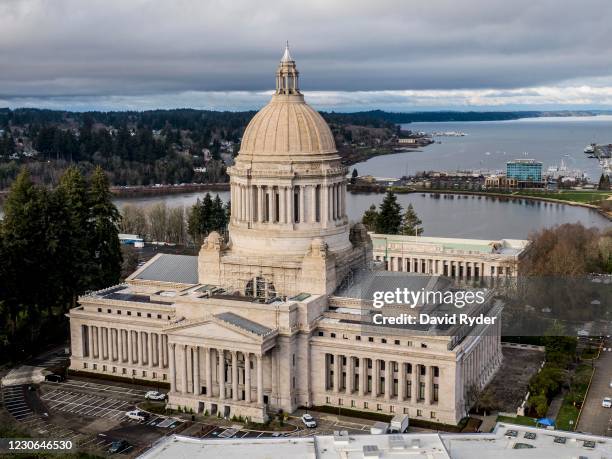 In this aerial view from a drone, the Washington State Capitol is seen on January 17, 2021 in Olympia, Washington. Supporters of President Donald...