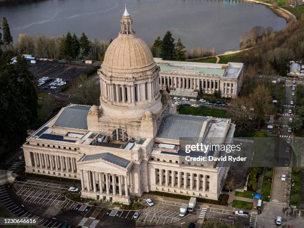 In this aerial view from a drone, the Washington State Capitol is seen on January 17, 2021 in Olympia, Washington. Supporters of President Donald...