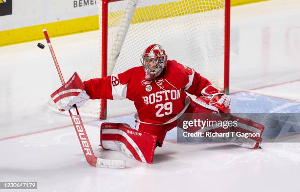 Drew Commesso of the Boston University Terriers makes a save during NCAA men's hockey against the Massachusetts Minutemen at the Mullins Center on...