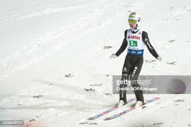 Sandro Hauswirth seen in action during the team competition of the FIS Ski Jumping World Cup.