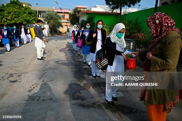 Teacher checks the body temperature of students wearing facemasks upon their arrival at the Islamabad Model College for Girls in Islamabad on January...