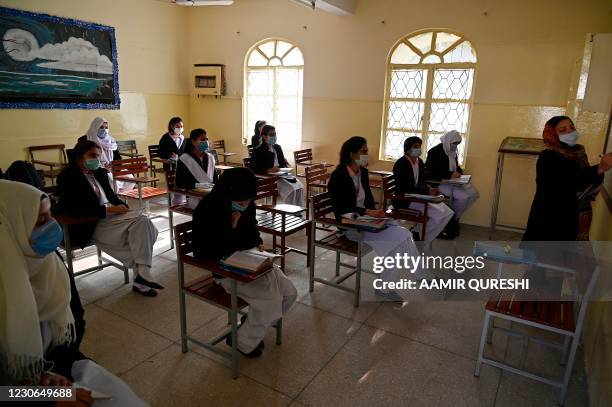 Students wearing facemasks attend a class at the Islamabad Model College for Girls in Islamabad on January 18 as the government reopened educational...