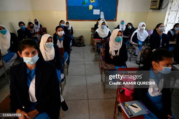 Students wearing facemasks attend a class at the Islamabad Model College for Girls in Islamabad on January 18 as the government reopened educational...