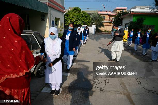 Teacher checks the body temperature of students wearing facemasks upon their arrival at the Islamabad Model College for Girls in Islamabad on January...