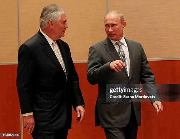 Russian President, Vladimir Putin and Rex Tillerson , Chairman and CEO of Exxon Mobil during a signing ceremony for an arctic oil exploration deal...