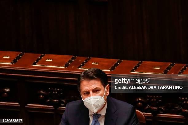 Italy's Prime Minister Giuseppe Conte attends a debate after delivering a speech on January 18, 2021 to the lower house of parliament at Palazzo...