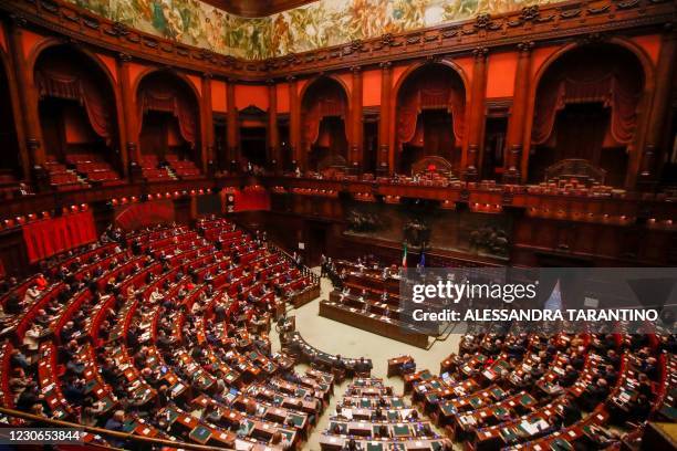 General view shows Italy's Prime Minister Giuseppe Conte addressing on January 18, 2021 the lower house of parliament at Palazzo Montecitorio in...