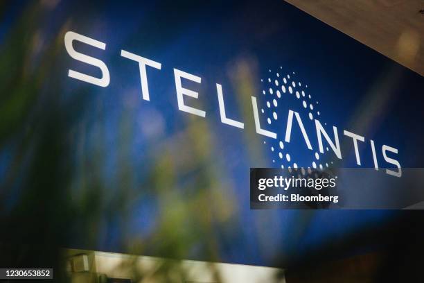 Stellantis NV logo in the reception area of the automaker's technical center in Velizy-Villacoublay near Paris, France, on Monday, Jan . 18, 2021....