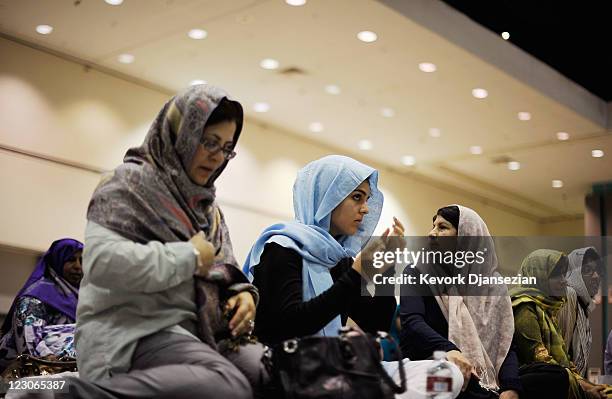 Muslims gather for a special Eid ul-Fitr morning prayer at the Los Angeles Convention Center on August 30, 2011 in Los Angeles, California. The...