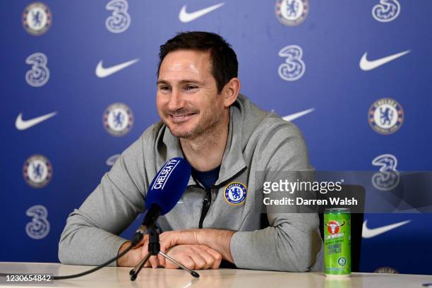 Frank Lampard of Chelsea during a press conference at Chelsea Training Ground on January 18, 2021 in Cobham, England.