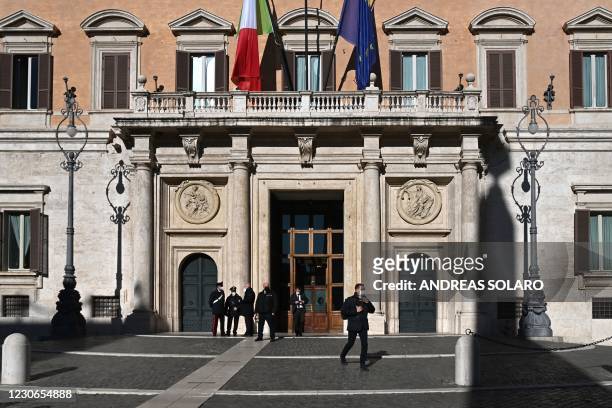 View shows on January 18, 2021 the entrance of Palazzo Montecitorio in Rome, as Italy's prime minister addresses the lower house of parliament,...