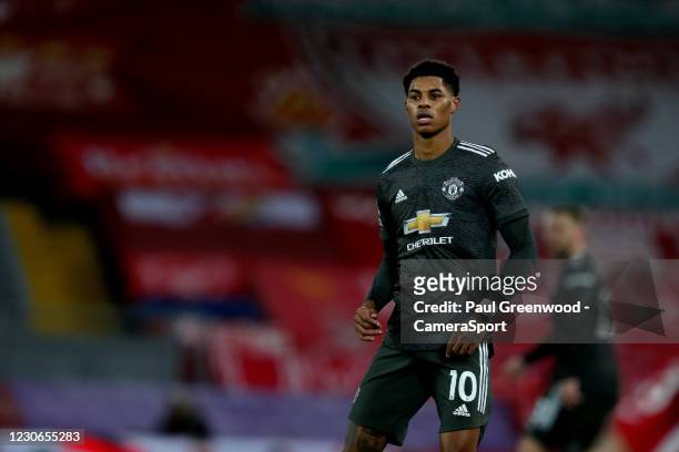 Manchester United's Marcus Rashford during the Premier League match between Liverpool and Manchester United at Anfield on January 17, 2021 in...