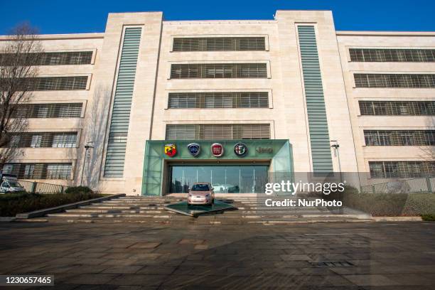 View of the historical FIAT plant in Turin, Italy, on January 18, 2021. The historical FIAT plant of Mirafiori showcases the new logo on the First...