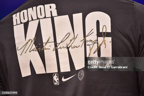 Close up view of the New York Knicks warm-up shirts on MLK day on January 18, 2021 at Madison Square Garden in New York City, New York. NOTE TO USER:...