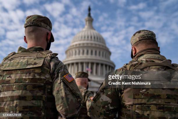 Members of the National Guard in the plaza in front of the U.S. Capitol Building on Sunday, Jan. 17, 2021 in Washington, DC. After last week's riots...