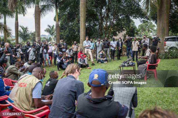 Bobi Wine, the musician and presidential candidate whose real name is Robert Kyagulanyi, speaks at a press conference with his wife Barbara Itungo,...