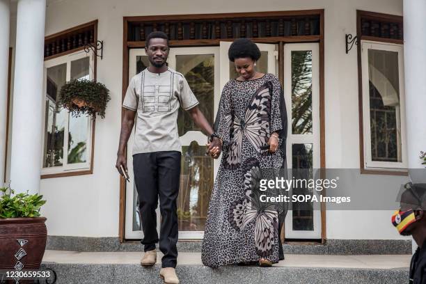 Bobi Wine, the musician and presidential candidate whose real name is Robert Kyagulanyi, and his wife Barbara Itungo are pictured outside their home...