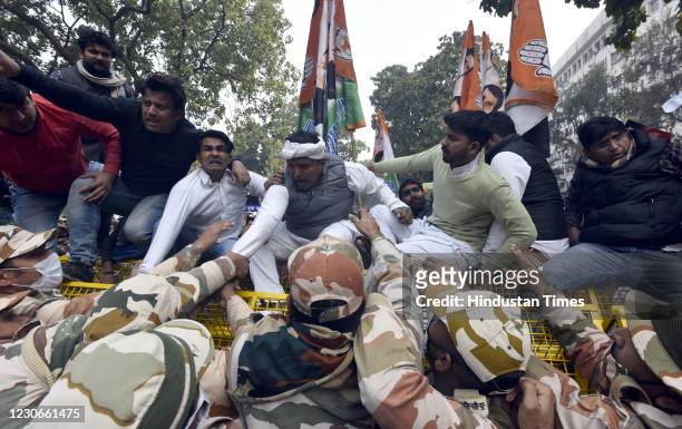 Indian Youth Congress activist protest against Arnab Goswami, Prime Minister Modi, Home Minister Amit Shah and BJP over Whatsapp chat leak and...
