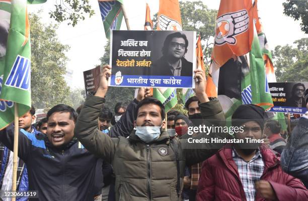 Indian Youth Congress activist protest against Arnab Goswami, Prime Minister Modi, Home Minister Amit Shah and BJP over Whatsapp chat leak and...