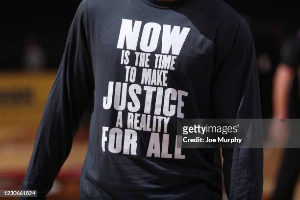 Close up of the warm up shirt worn by the Phoenix Suns and the Memphis Grizzlies during the game on January 18, 2021 at FedExForum in Memphis,...